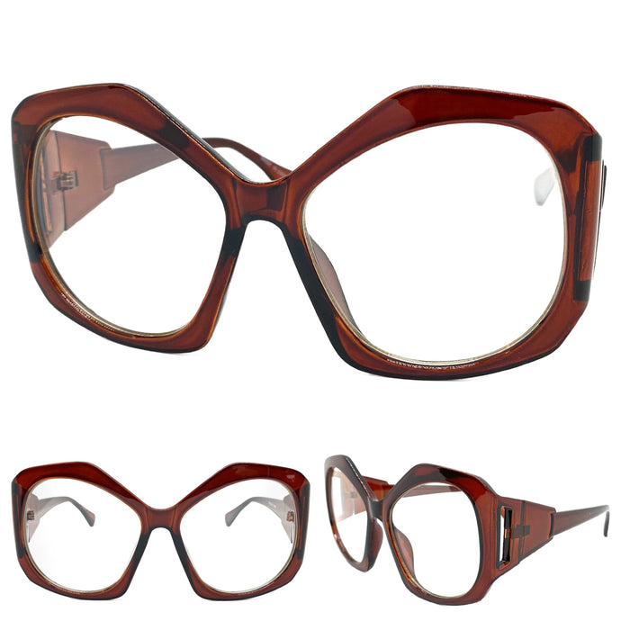 Oversized Exaggerated Vintage Retro Style Clear Lens EYEGLASSES Large Brown Frame E2019