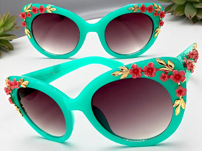 Oversized Vintage Retro Cat Eye Style SUNGLASSES Large Turquoise Floral Frame 96596