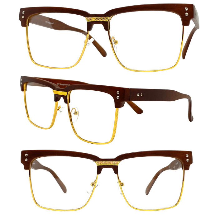 Classy Elegant Sophisticated Luxury Style Clear Lens EYEGLASSES Faux Wood & Gold Frame WD746