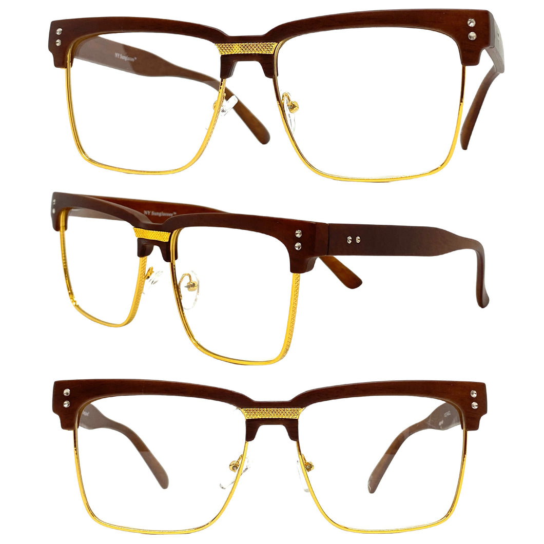 Classy Elegant Sophisticated Luxury Style Clear Lens EYEGLASSES Faux Wood & Gold Frame WD746