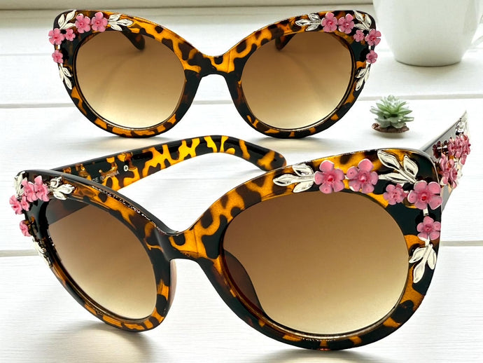 Oversized Vintage Retro Cat Eye Style SUNGLASSES Large Tortoise Floral Frame 96596