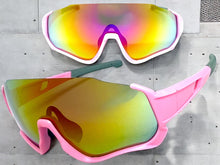 Sporty Retro Wrap Around Shield Style SUNGLASSES Pink Frame Gold Lens E2028