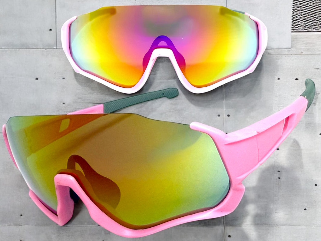Sporty Retro Wrap Around Shield Style SUNGLASSES Pink Frame Gold Lens E2028