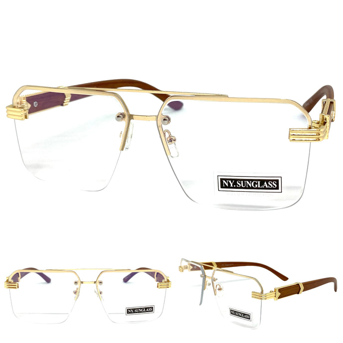 Men's Classy Elegant Luxury Designer Hip Hop Style Clear Lens EYEGLASSES Gold & Wooden Frame WD769CL