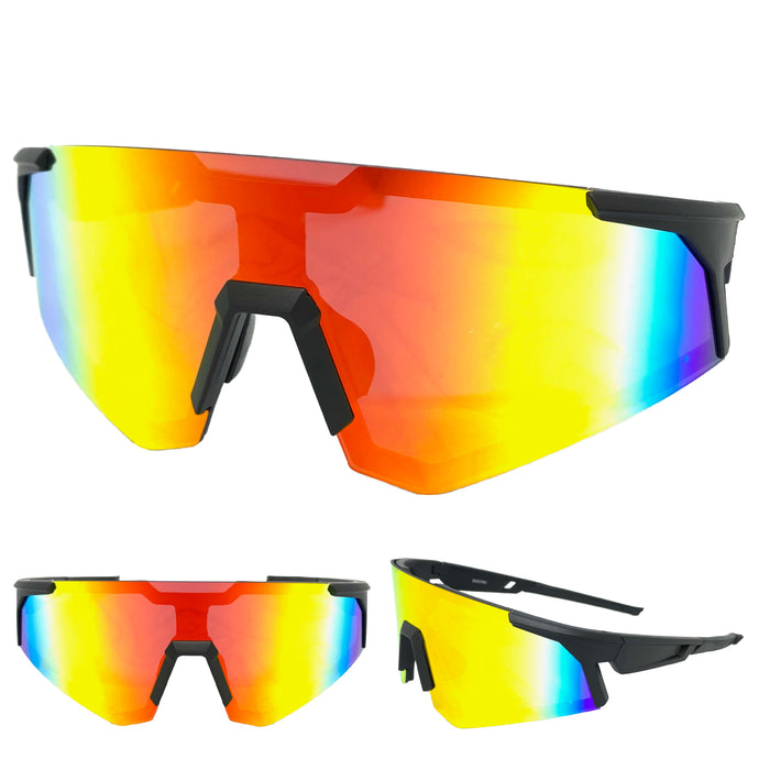 Oversized Retro Sporty Wrap Around Style SUNGLASSES Large Black Frame 9057