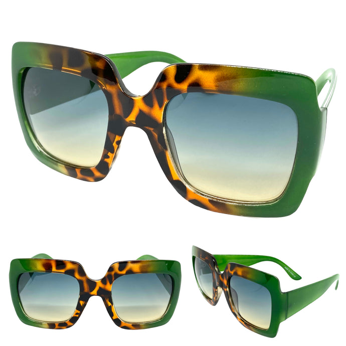 Oversized Vintage Retro Style SUNGLASSES Large Green & Tortoise Frame E1879