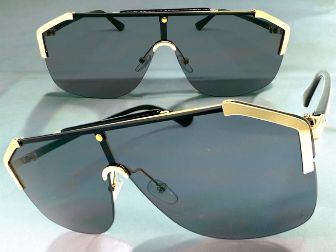 Classy Elegant Modern Retro Shield Style SUNGLASSES Large Gold Frame 8380