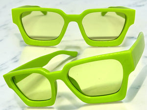 Classic Vintage Retro Style SUNGLASSES Thick Neon Green Frame - Light Green Lens 1402