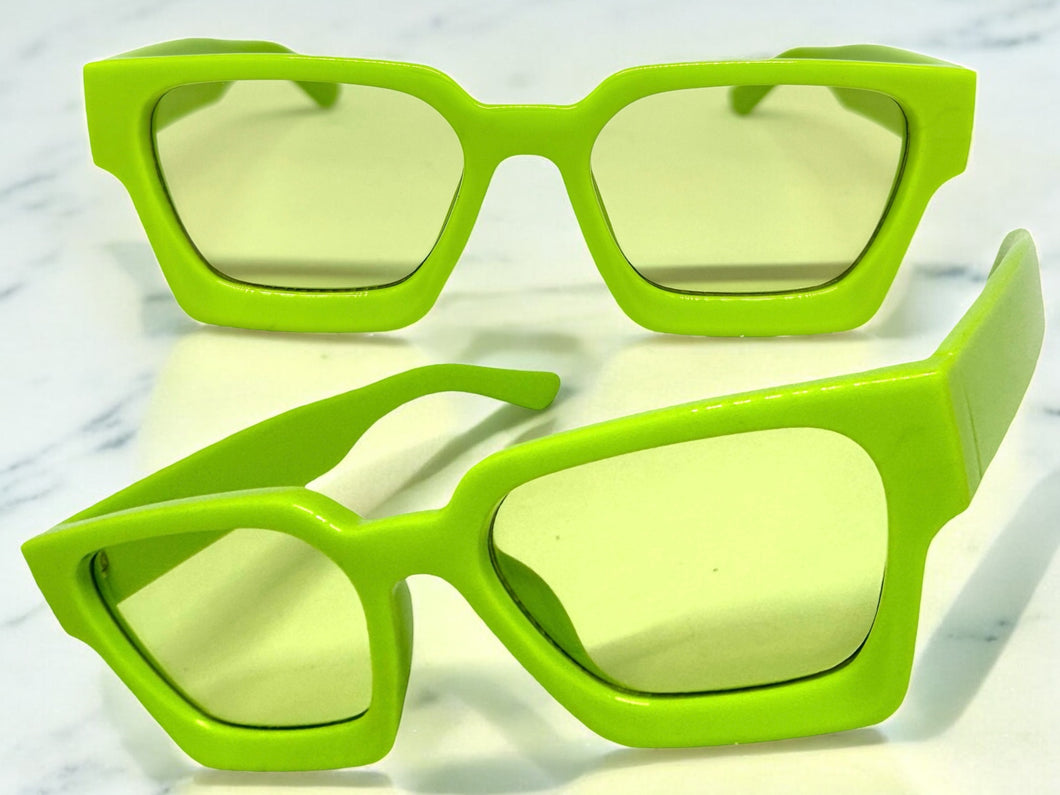 Classic Vintage Retro Style SUNGLASSES Thick Neon Green Frame - Light Green Lens 1402