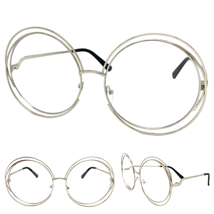 Oversized Exaggerated Retro Style Clear Lens EYEGLASSES Large Round Silver Frame 3590