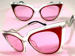 Classic Vintage Retro Cat Eye Style SUNGLASSES Funky Clear & Red Frame 1720