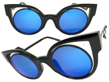 Classic Vintage Retro Cat Eye Style SUNGLASSES Funky Black Frame - Blue Lens 1737