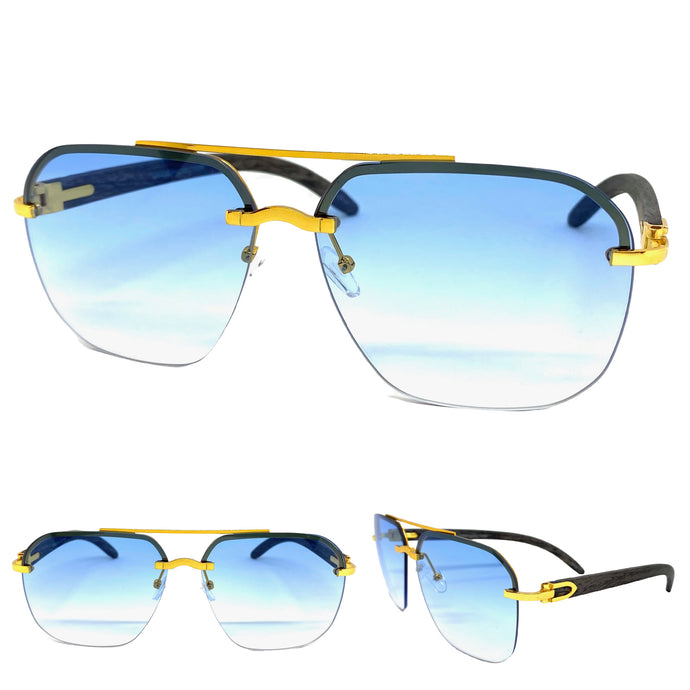 Men's Classy Elegant Luxury Designer Hip Hop Style SUNGLASSES Large Gold & Faux Wooden Frame 5112