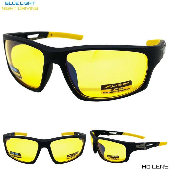 Sporty Wrap Around Blue Light Night Driving HD Lens SUNGLASSES Black Frame 3503