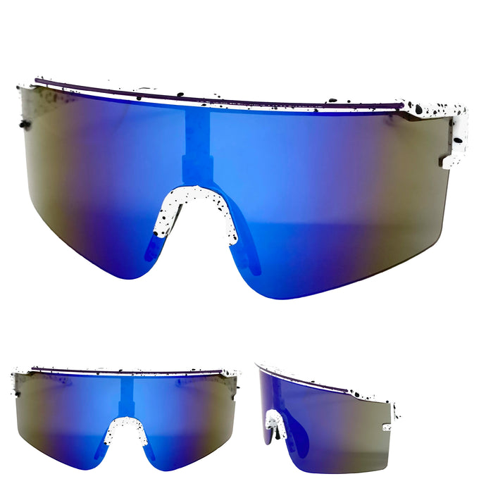 Oversized Retro Sporty Wrap Around Style SUNGLASSES Large White Frame 59144