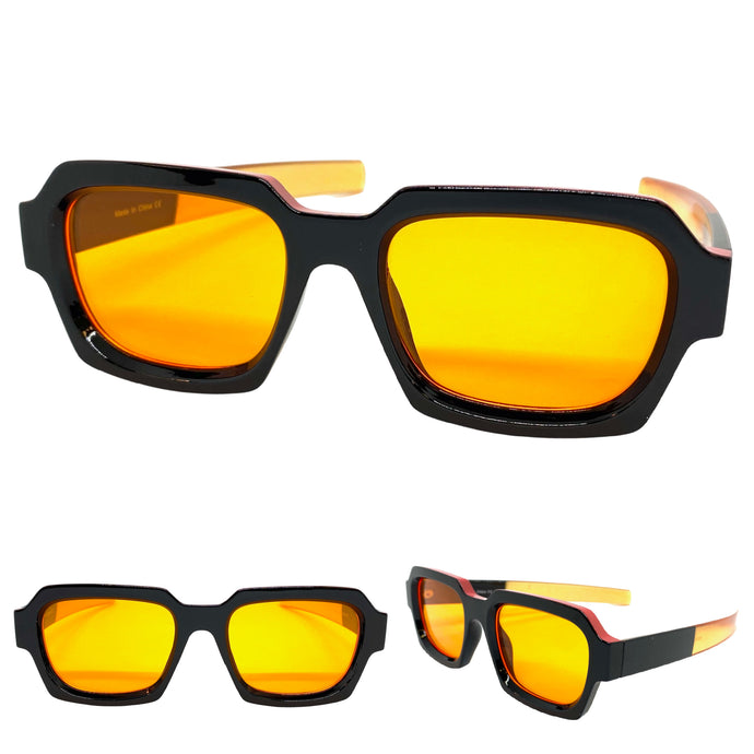 Classic Vintage Retro Style SUNGLASSES Square Black Frame - Orange Lens 1219