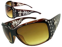 Oversized Classy Elegant Western Cowgirl Style SUNGLASSES Brown Frame with Silver Cross 8368