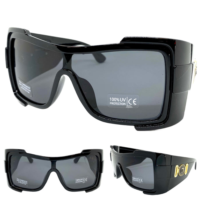 Oversized Modern Retro Wrap Shield Style SUNGLASSES Huge Super Thick Black Frame 1044