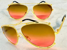 Classic Vintage Retro Aviator Style SUNGLASSES Gold Metal Frame - Brown & Pink Lens A193