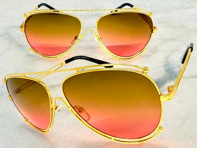 Classic Vintage Retro Aviator Style SUNGLASSES Gold Metal Frame - Brown & Pink Lens A193