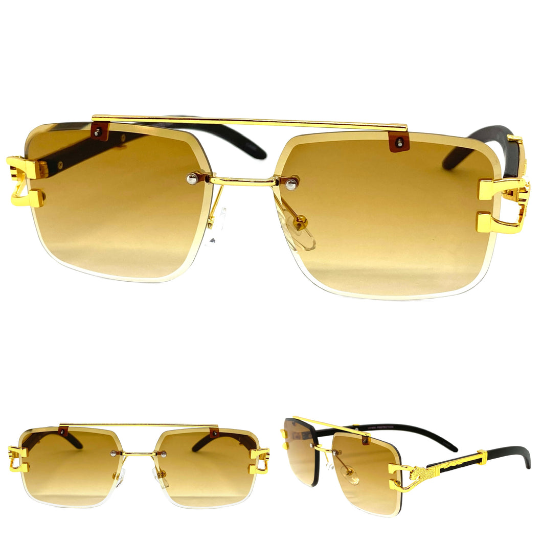 Men's Classy Elegant Luxury Retro Hip Hop Style SUNGLASSES Gold & Faux Wood Frame 5256