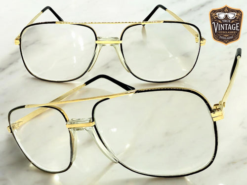 Classic TRUE Vintage Retro Aviator Style Clear Lens EYEGLASSES Gold Frame - Glass Lens 9006