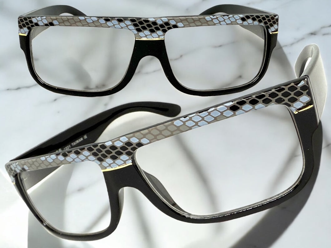 Classic Vintage Retro Hip Hop Rapper Style Clear Lens EYEGLASSES Thick Black Snakeskin Frame 1221