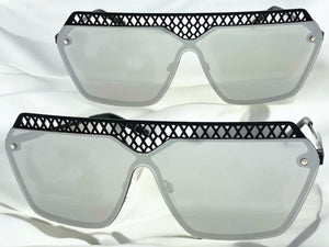 Sleek Modern Retro Shield Style SUNGLASSES Black Frame Chrome Lens 10415