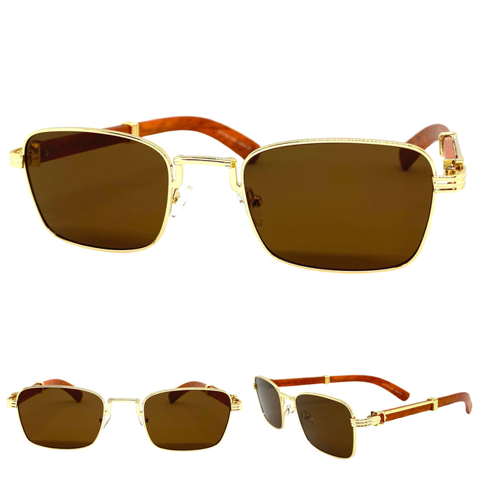 Classy Elegant Sophisticated Luxury Style SUNGLASSES Gold & Wooden Frame 27677