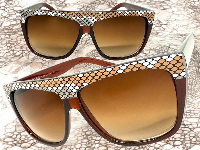 Oversized Classic Vintage Retro Style SUNGLASSES Large Brown Snakeskin Frame 1201
