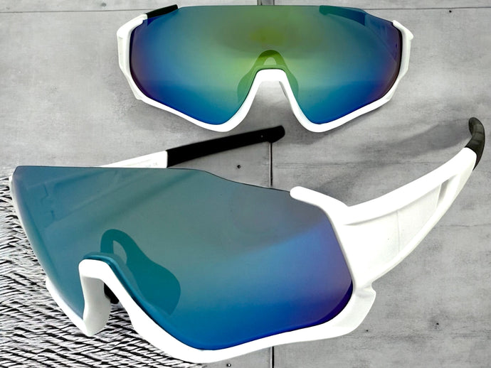 Sporty Retro Wrap Around Shield Style SUNGLASSES White Frame Green Lens E2028