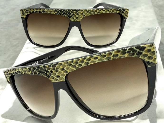 Oversized Classic Vintage Retro Style SUNGLASSES Large Black Snakeskin Frame 1201