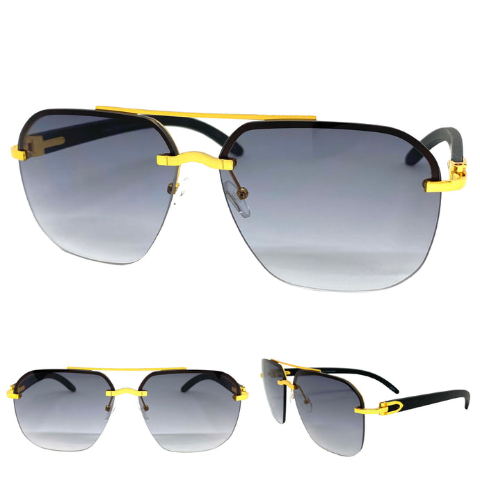 Men's Classy Elegant Luxury Designer Hip Hop Style SUNGLASSES Large Gold & Faux Wooden Frame 5112