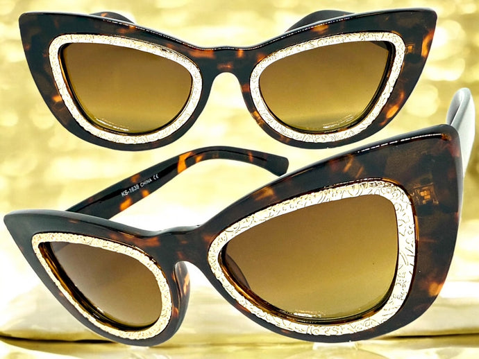 Exaggerated Classic Vintage Retro Cat Eye Style SUNGLASSES Funky Tortoise Frame 1639