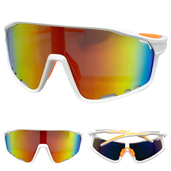 Oversized Retro Sporty Wrap Around Style SUNGLASSES Large White Frame 5238