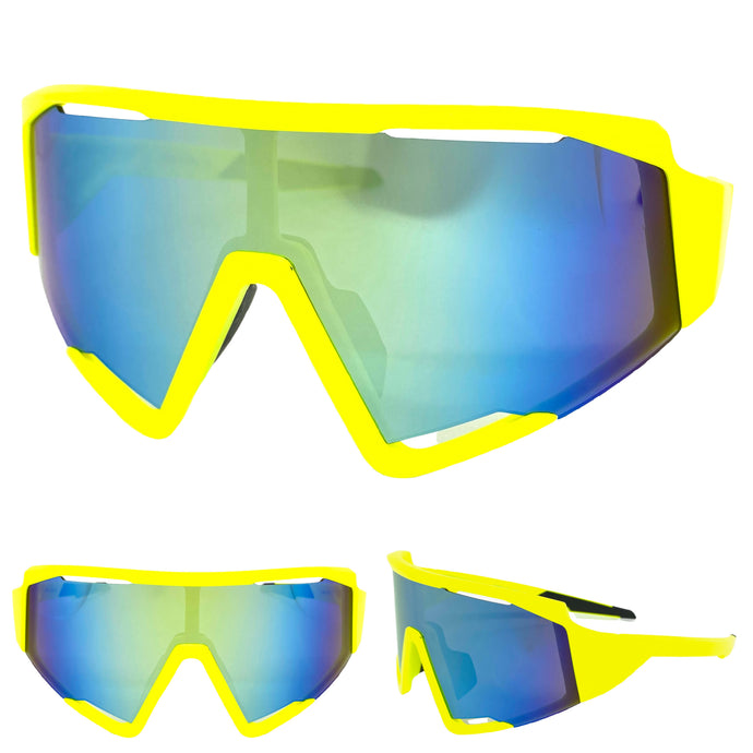 Oversized Retro Sporty Wrap Around Style SUNGLASSES Large Neon Yellow Frame E1927