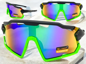 Oversized Retro Sporty Wrap Around Style SUNGLASSES Large Black & Green Frame 3693