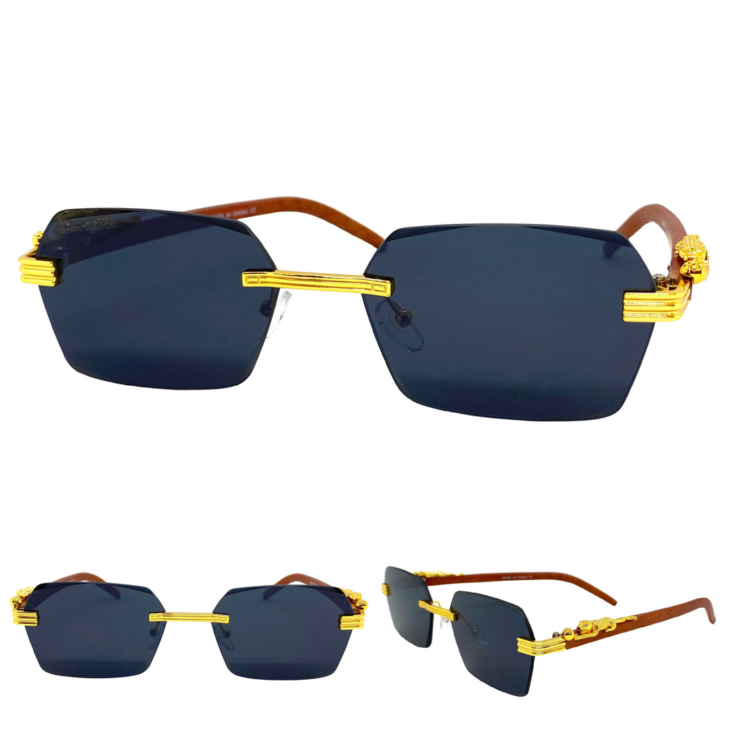 Classy Elegant Sophisticated Luxury Style SUNGLASSES Gold & Wooden Frame E0958