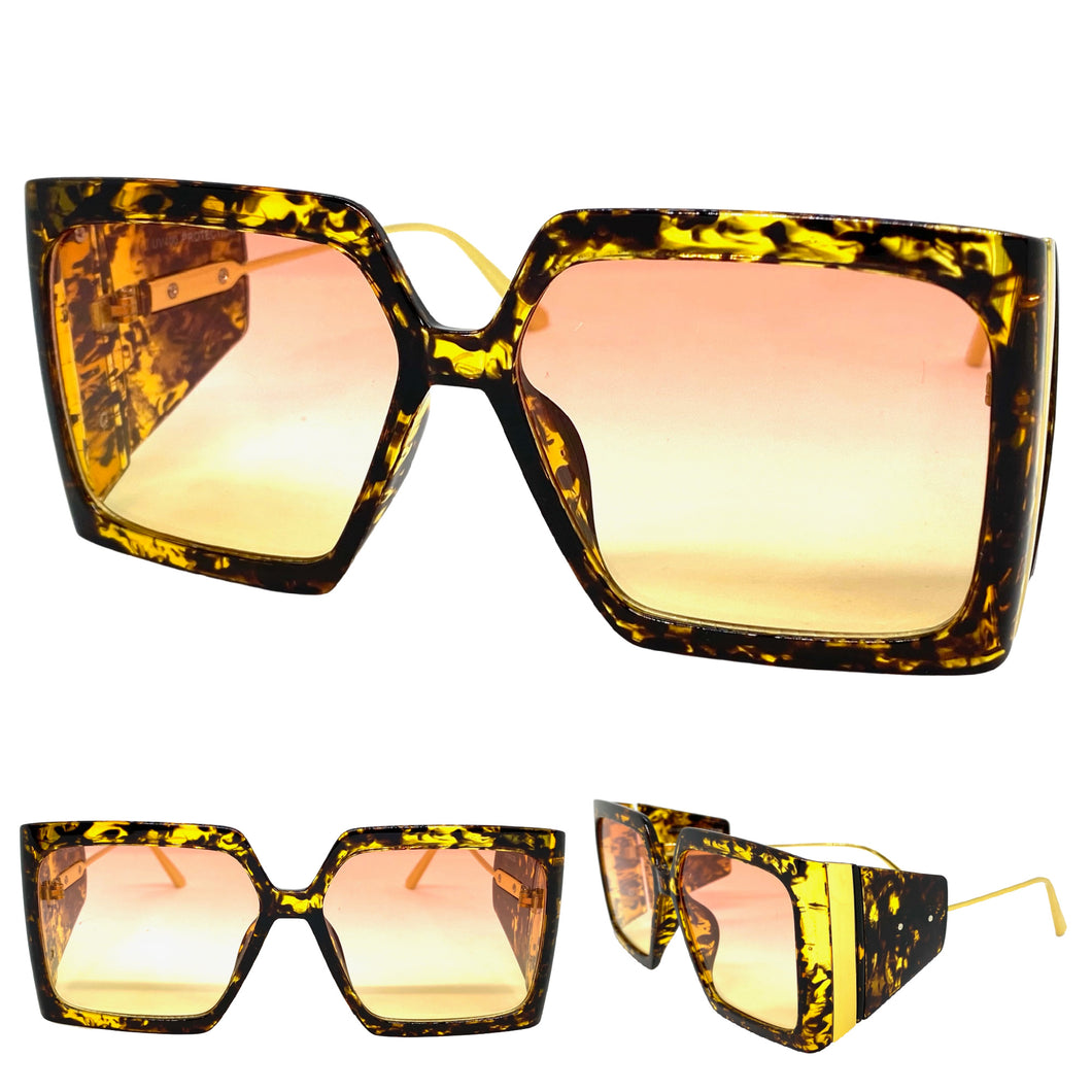 Exaggerated Vintage Retro Style SUNGLASSES Square Tortosie & Gold Frame 80098