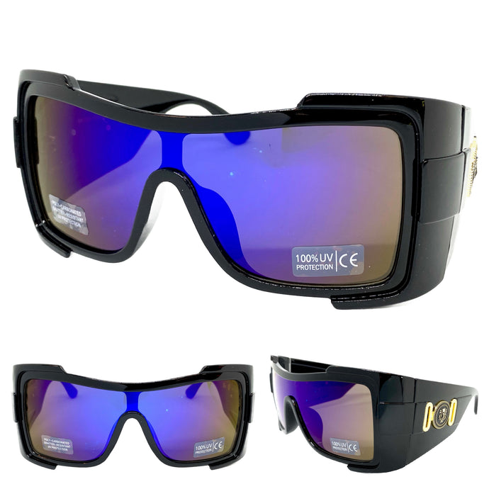 Oversized Modern Retro Wrap Shield Style SUNGLASSES Huge Super Thick Black Frame 1044
