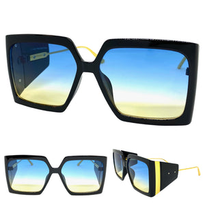 Exaggerated Vintage Retro Style SUNGLASSES Square Black & Gold Frame 80098