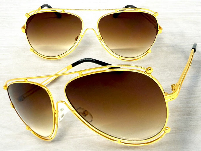 Classic Vintage Retro Aviator Style SUNGLASSES Gold Metal Frame - Brown & Clear Lens A193