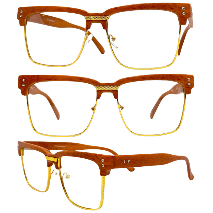 Classy Elegant Sophisticated Luxury Style Clear Lens EYEGLASSES Faux Wood & Gold Frame WD746