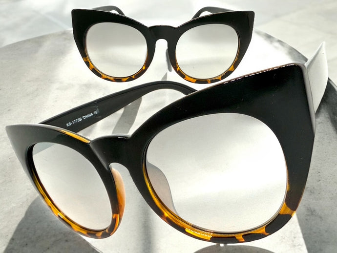 Oversized Vintage Retro Cat Eye Style SUNGLASSES Large Black & Tortoise Frame 1775