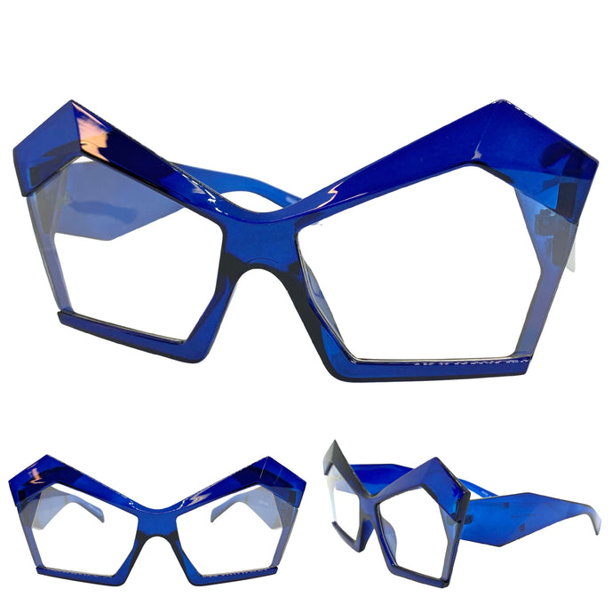 Oversized Modern Retro Cat Eye Style Clear Lens with Slight Tint SUNGLASSES Blue Frame E1877