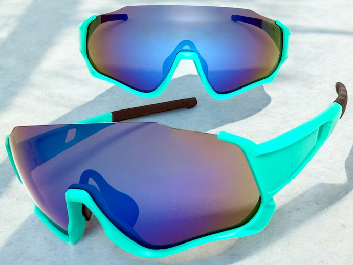 Sporty Retro Wrap Around Shield Style SUNGLASSES Turquoise Frame Blue Lens E2028