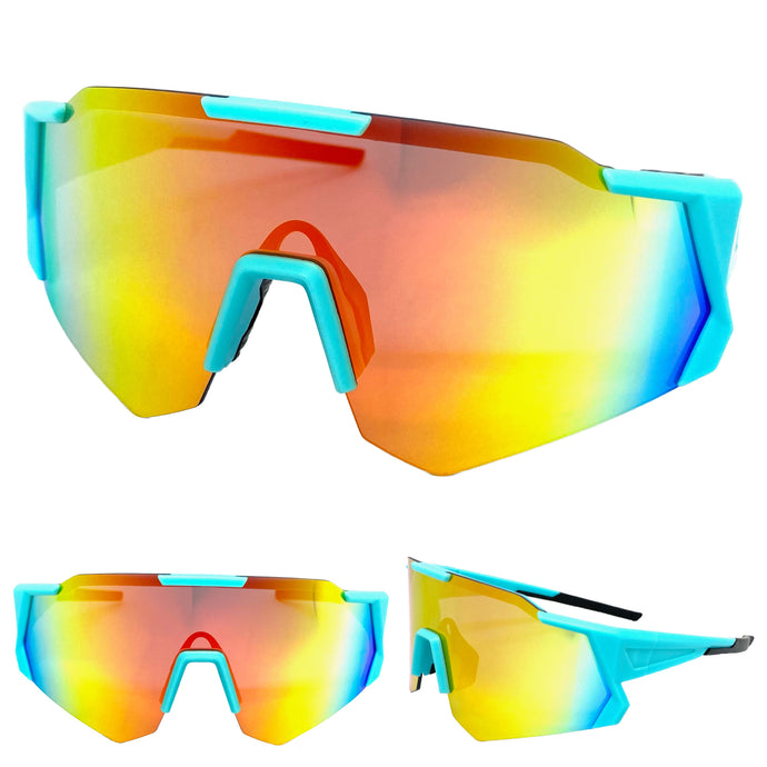 Oversized Retro Sporty Wrap Around Style SUNGLASSES Large Neon Blue Frame 5330