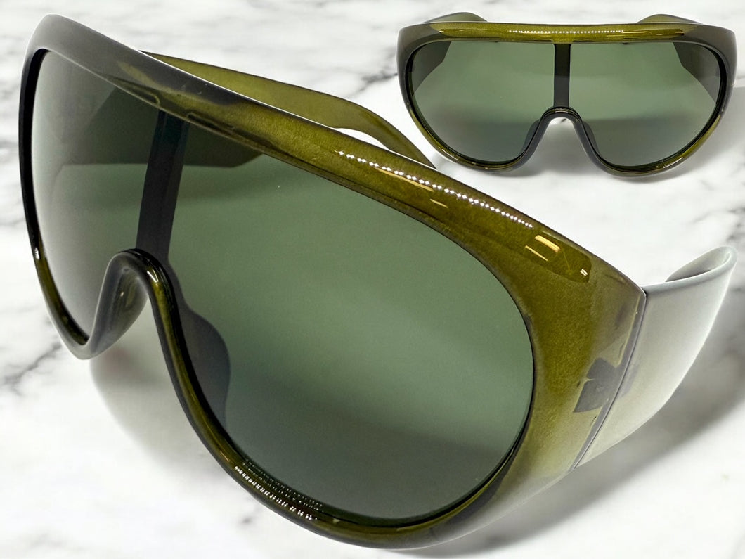 Oversized Exaggerated Modern Rerto Shield Style SUNGLASSES Large Olive Green Frame 68246