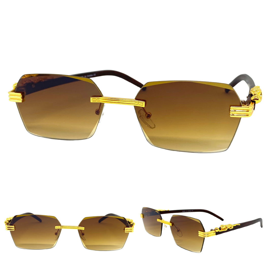 Classy Elegant Sophisticated Luxury Style SUNGLASSES Gold & Wooden Frame E0958