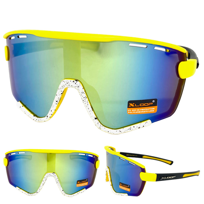 Oversized Retro Sporty Wrap Around Style SUNGLASSES Large Yellow & White Frame 3694
